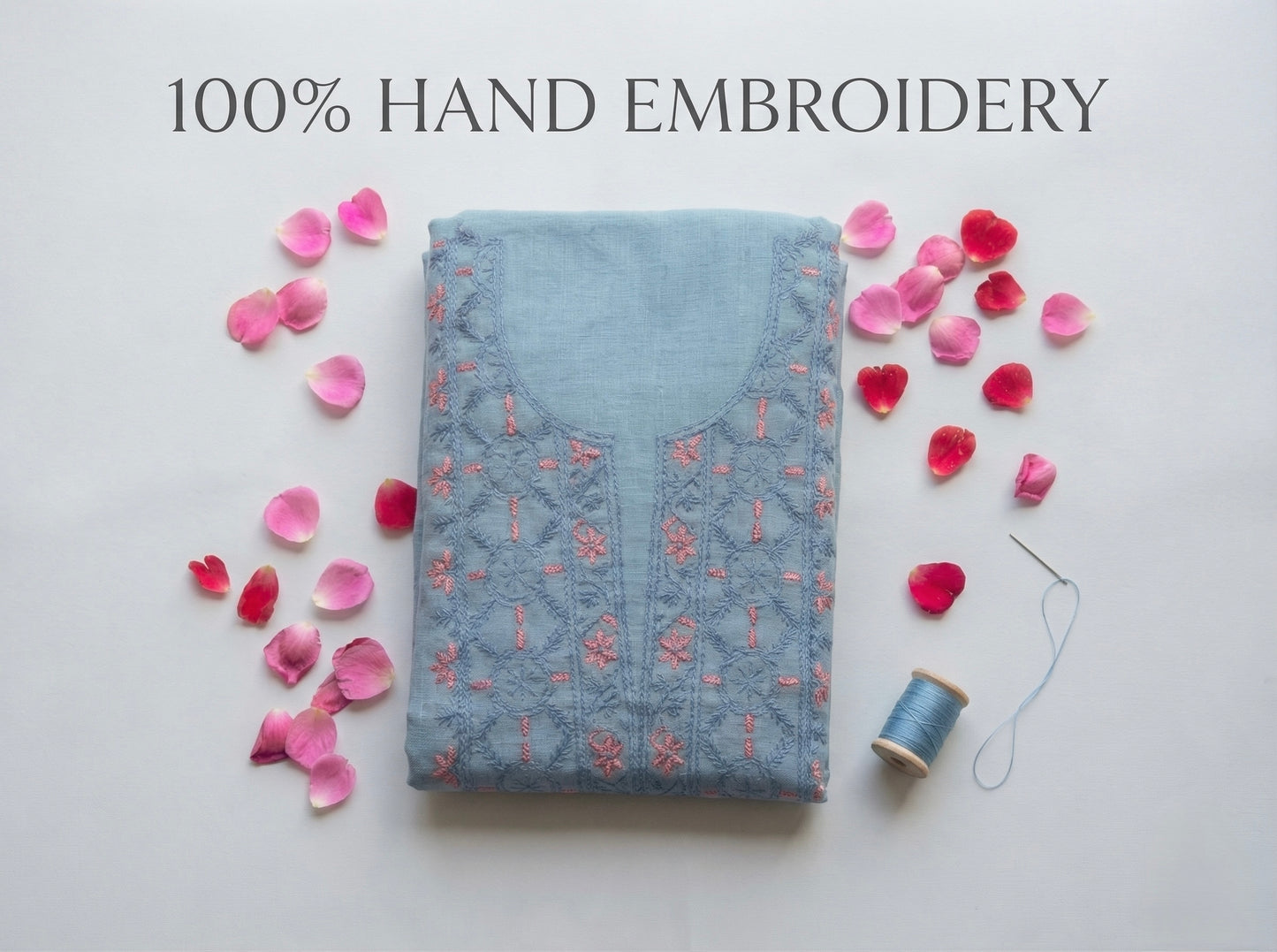Pure Mul Chanderi Unstitched Suit for Women | Lucknow Chikankari Hand Embroidery Kurta Material with Dupatta & Pajama | Powder Blue Ethnic Wear | Handmade Designer Dress Material