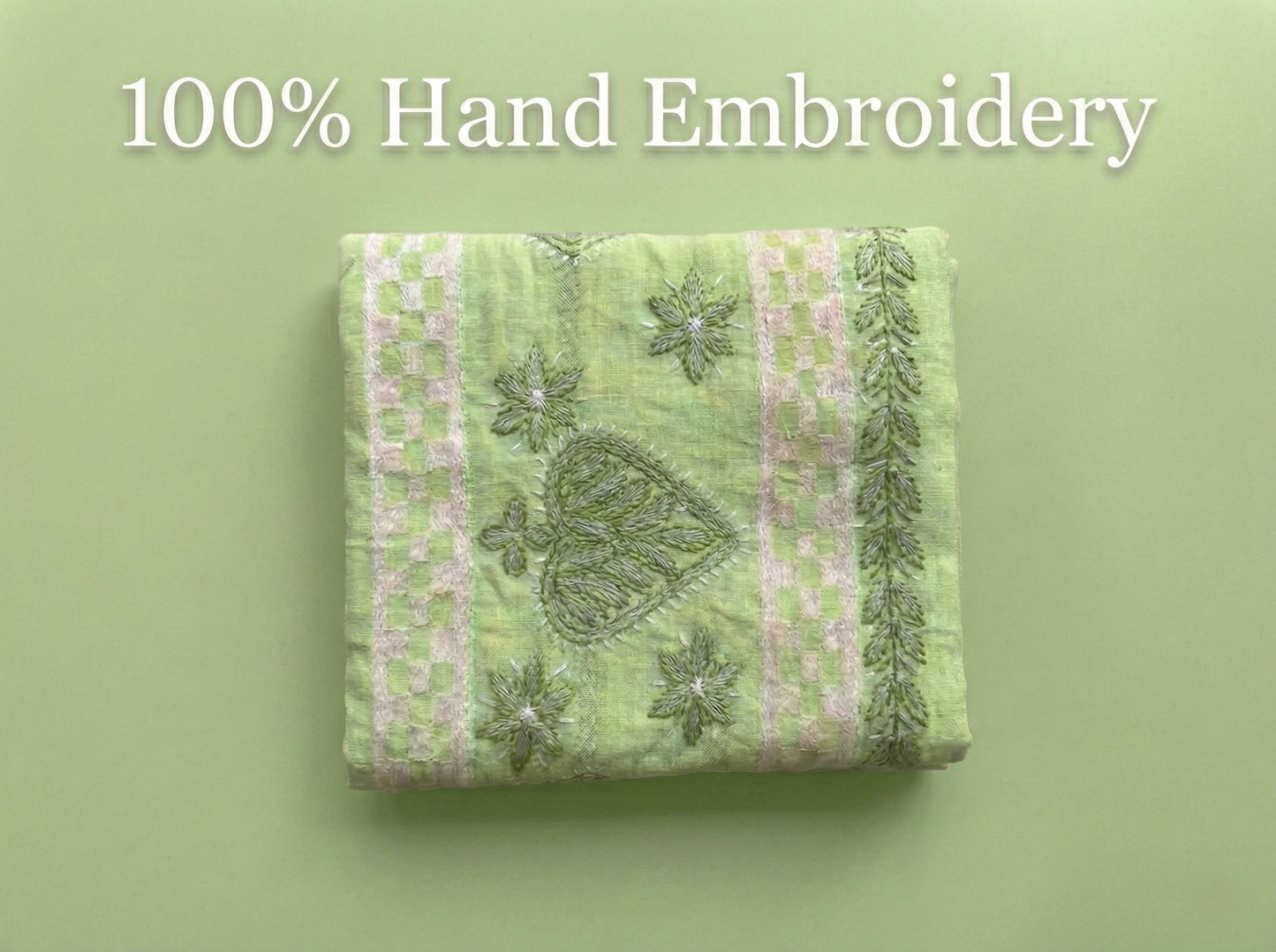 Green Cotton Lucknowi Chikankari Unstitched Suit Set for Women with Hand Embroidery – Kurta Fabric, Dupatta & Bottom 3 Piece Ethnic Dress Material