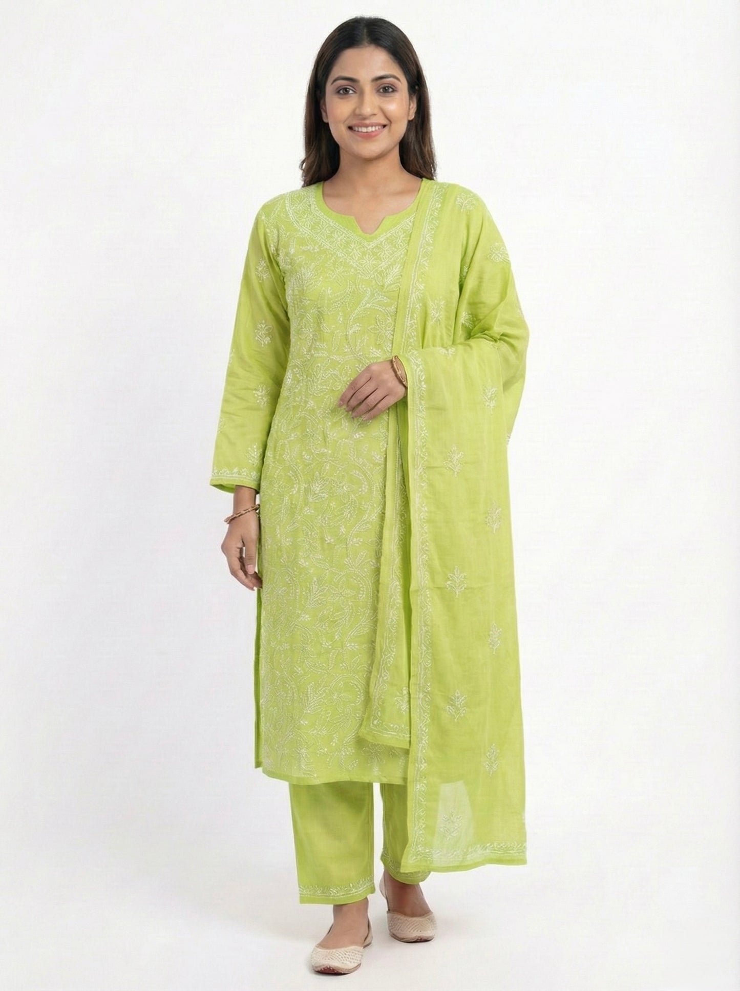 Parrot Green Cotton Lucknowi Chikankari Unstitched Suit Set for Women with Hand Embroidery – Kurta Fabric, Dupatta & Bottom 3 Piece Ethnic Dress Material