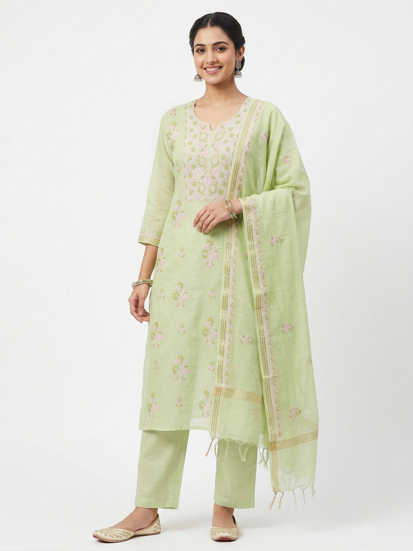 Pure Mul Chanderi Unstitched Suit for Women | Lucknow Chikankari Hand Embroidery Kurta Dress Material with Dupatta & Bottom | Pastel Green Ethnic Wear | Handmade Luckhnawi Chickankari Set