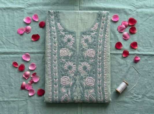 Pure Mul Chanderi Unstitched Suit for Women | Lucknow Chikankari Hand Embroidery | 3 Piece Dress Material with Dupatta & Bottom | Sage Green Ethnic Wear | Handmade Kurta Set