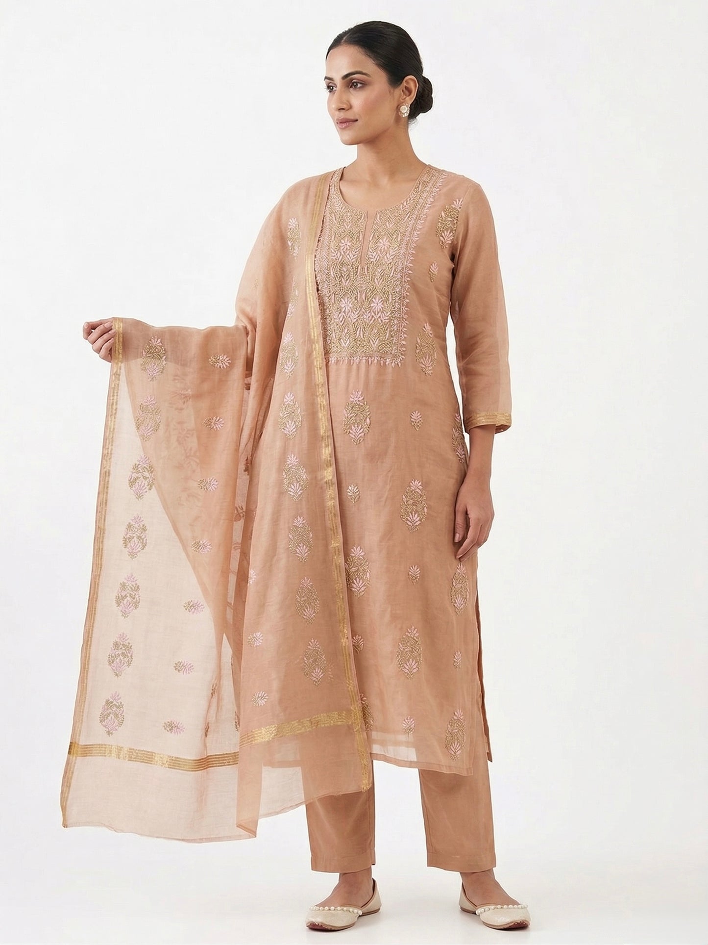 Pure Mul Chanderi Unstitched Suit for Women with Dupatta & Bottom | Lucknow Chikankari Hand Embroidery Kurta Dress Material | Designer Ethnic Wear Set | Handmade Chikankari Fabric | Tan Beige