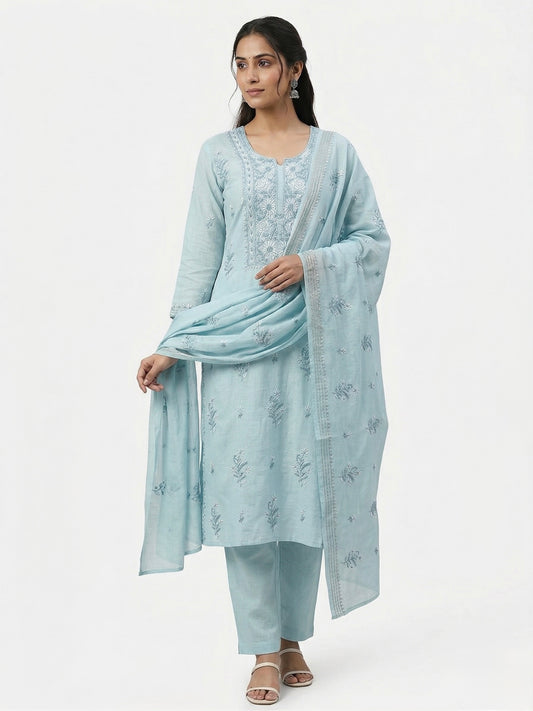 Pure Mul Chanderi Unstitched Suit for Women | Lucknow Chikankari Hand Embroidery | 3 Piece Dress Material with Dupatta & Bottom | Sage Green Ethnic Wear | Handmade Kurta Set