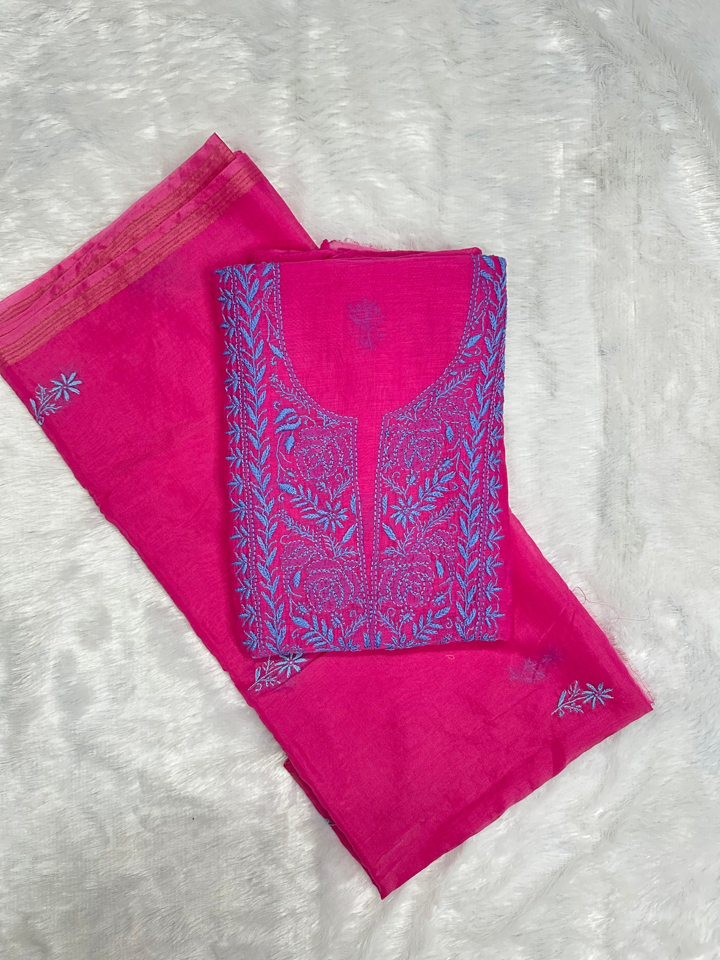 Pure Mul Chanderi Lucknowi Chikankari Unstitched Suit for Women with Dupatta – Hand Embroidered Ethnic Dress Material (2 Piece Set) - Magenta