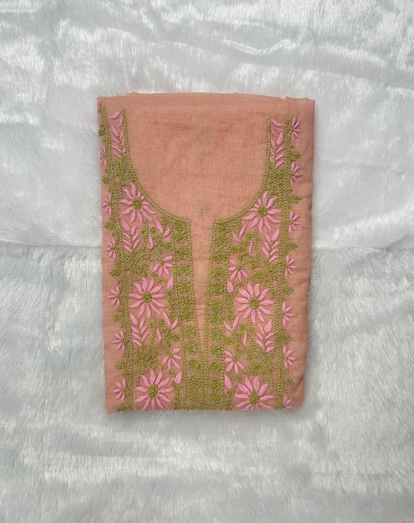 Pure Mul Chanderi Lucknow Chikankari Unstitched Suit for Women – Hand Embroidered 3 Piece Dress Material with Dupatta & Bottom | Designer Glass Gala Neck | Handmade Ethnic Wear | Peach