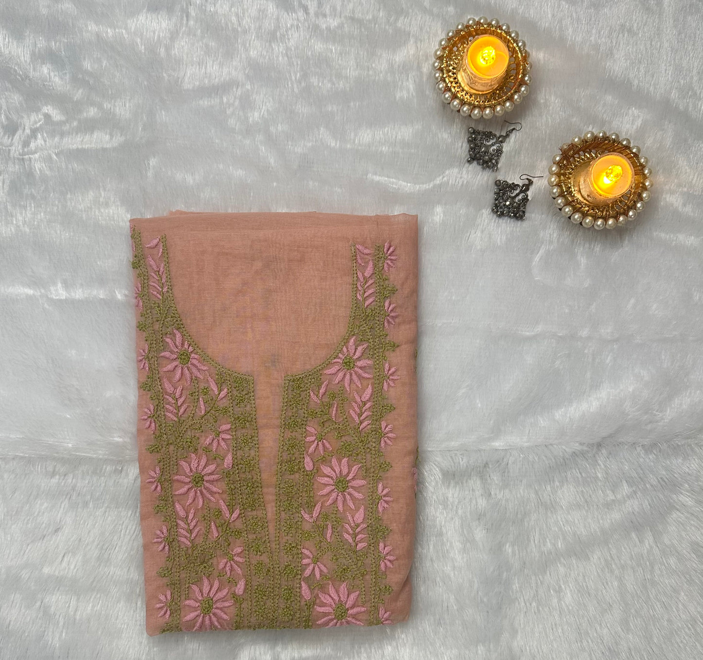 Pure Mul Chanderi Lucknow Chikankari Unstitched Suit for Women – Hand Embroidered 3 Piece Dress Material with Dupatta & Bottom | Designer Glass Gala Neck | Handmade Ethnic Wear | Peach