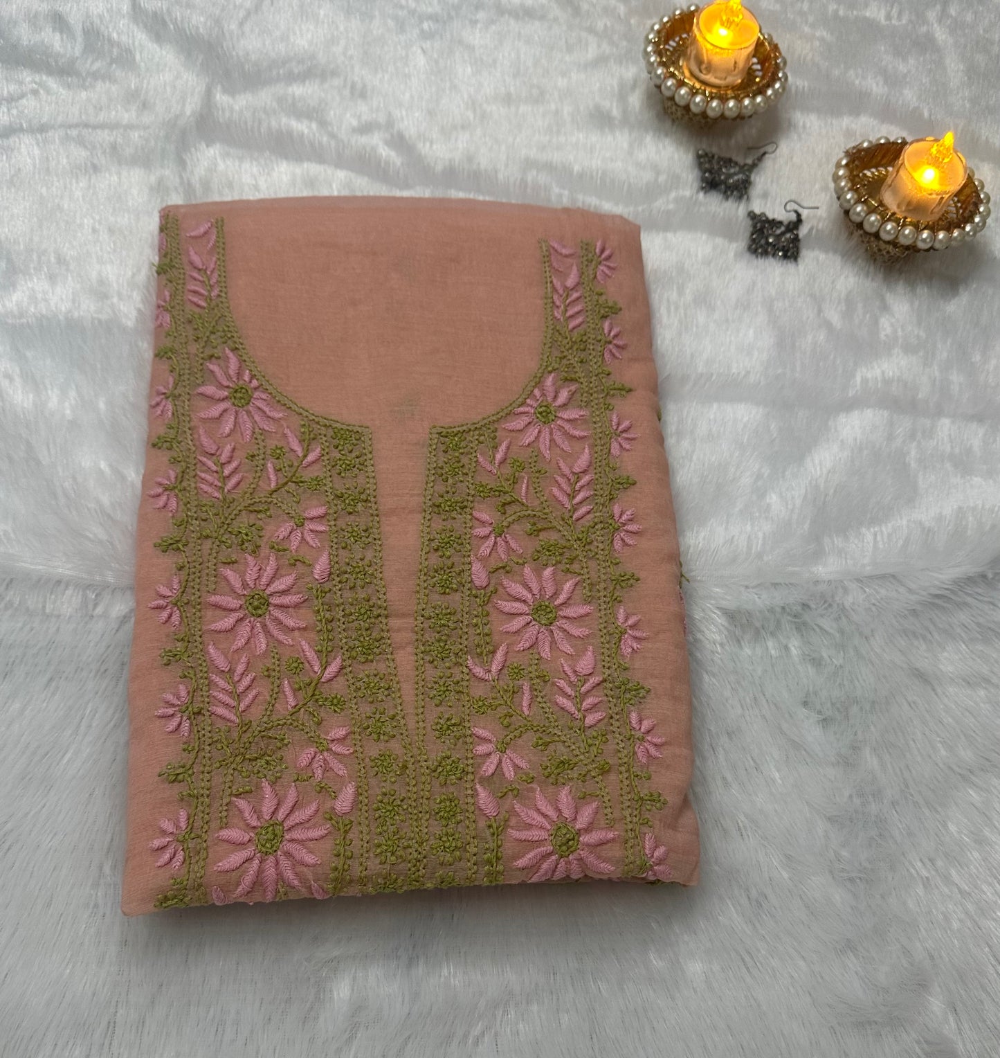 Pure Mul Chanderi Lucknow Chikankari Unstitched Suit for Women – Hand Embroidered 3 Piece Dress Material with Dupatta & Bottom | Designer Glass Gala Neck | Handmade Ethnic Wear | Peach