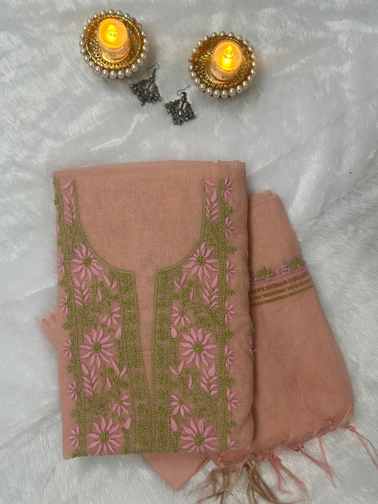 Pure Mul Chanderi Lucknow Chikankari Unstitched Suit for Women – Hand Embroidered 3 Piece Dress Material with Dupatta & Bottom | Designer Glass Gala Neck | Handmade Ethnic Wear | Peach