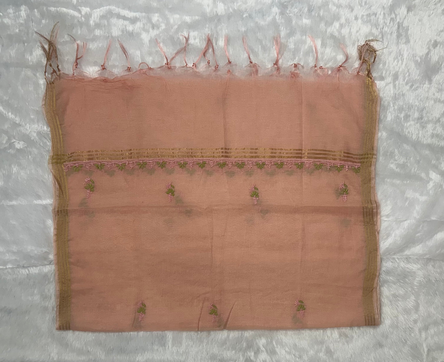 Pure Mul Chanderi Lucknow Chikankari Unstitched Suit for Women – Hand Embroidered 3 Piece Dress Material with Dupatta & Bottom | Designer Glass Gala Neck | Handmade Ethnic Wear | Peach