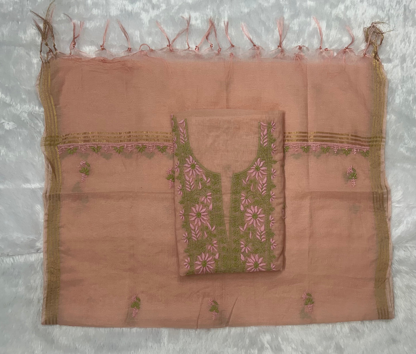 Pure Mul Chanderi Lucknow Chikankari Unstitched Suit for Women – Hand Embroidered 3 Piece Dress Material with Dupatta & Bottom | Designer Glass Gala Neck | Handmade Ethnic Wear | Peach