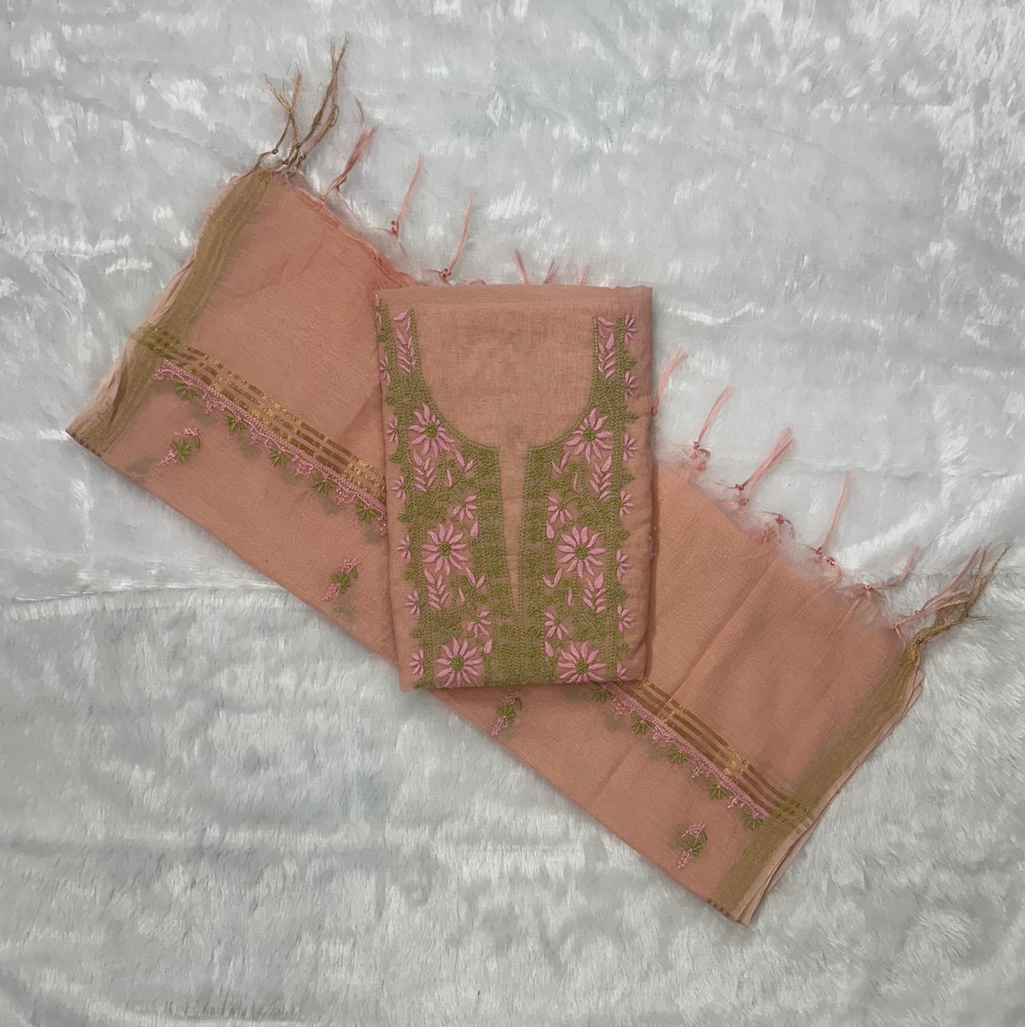Pure Mul Chanderi Lucknow Chikankari Unstitched Suit for Women – Hand Embroidered 3 Piece Dress Material with Dupatta & Bottom | Designer Glass Gala Neck | Handmade Ethnic Wear | Peach