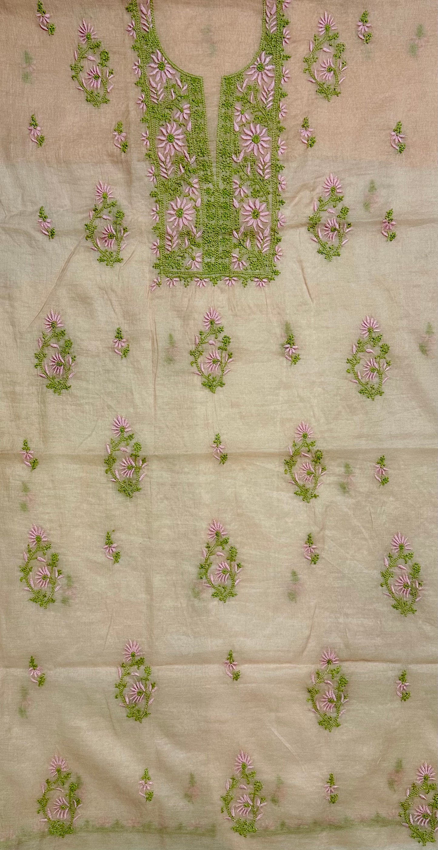 Pure Mul Chanderi Lucknow Chikankari Unstitched Suit for Women – Hand Embroidered 3 Piece Dress Material with Dupatta & Bottom | Designer Glass Gala Neck | Handmade Ethnic Wear | Peach