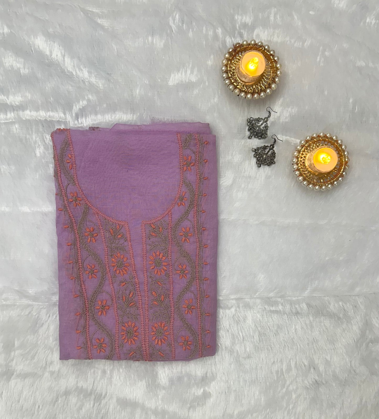Pure Mul Chanderi Lucknow Chikankari Unstitched Suit for Women (Lavender) | Hand Embroidered Designer 3 Piece Dress Material with Dupatta & Bottom | Ethnic Wear Kurta Set - Lavender