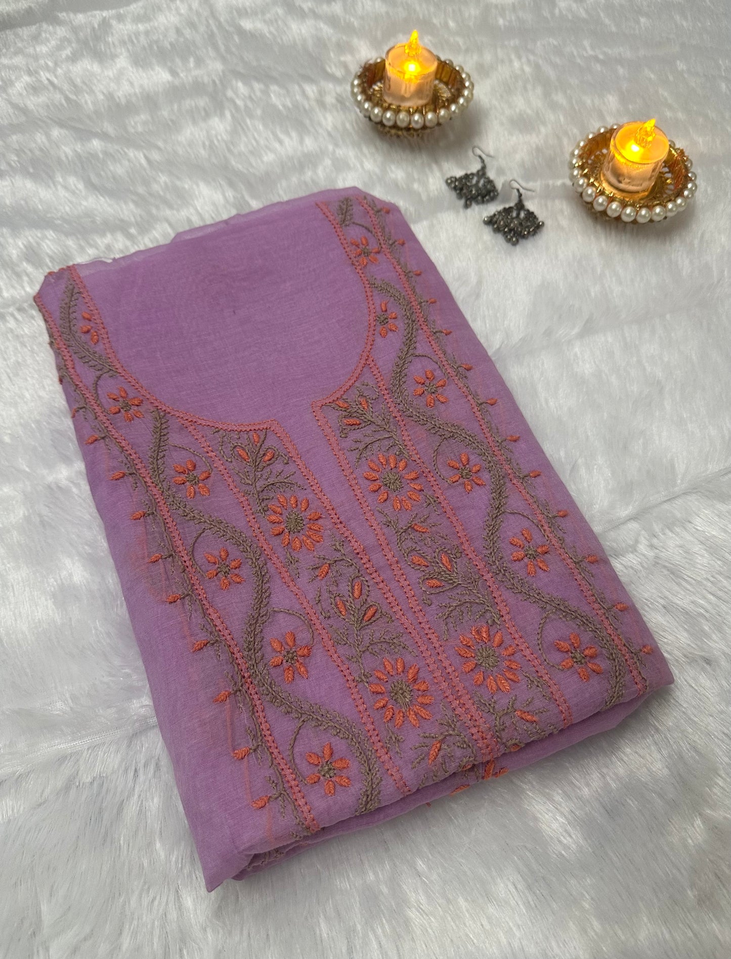 Pure Mul Chanderi Lucknow Chikankari Unstitched Suit for Women (Lavender) | Hand Embroidered Designer 3 Piece Dress Material with Dupatta & Bottom | Ethnic Wear Kurta Set - Lavender