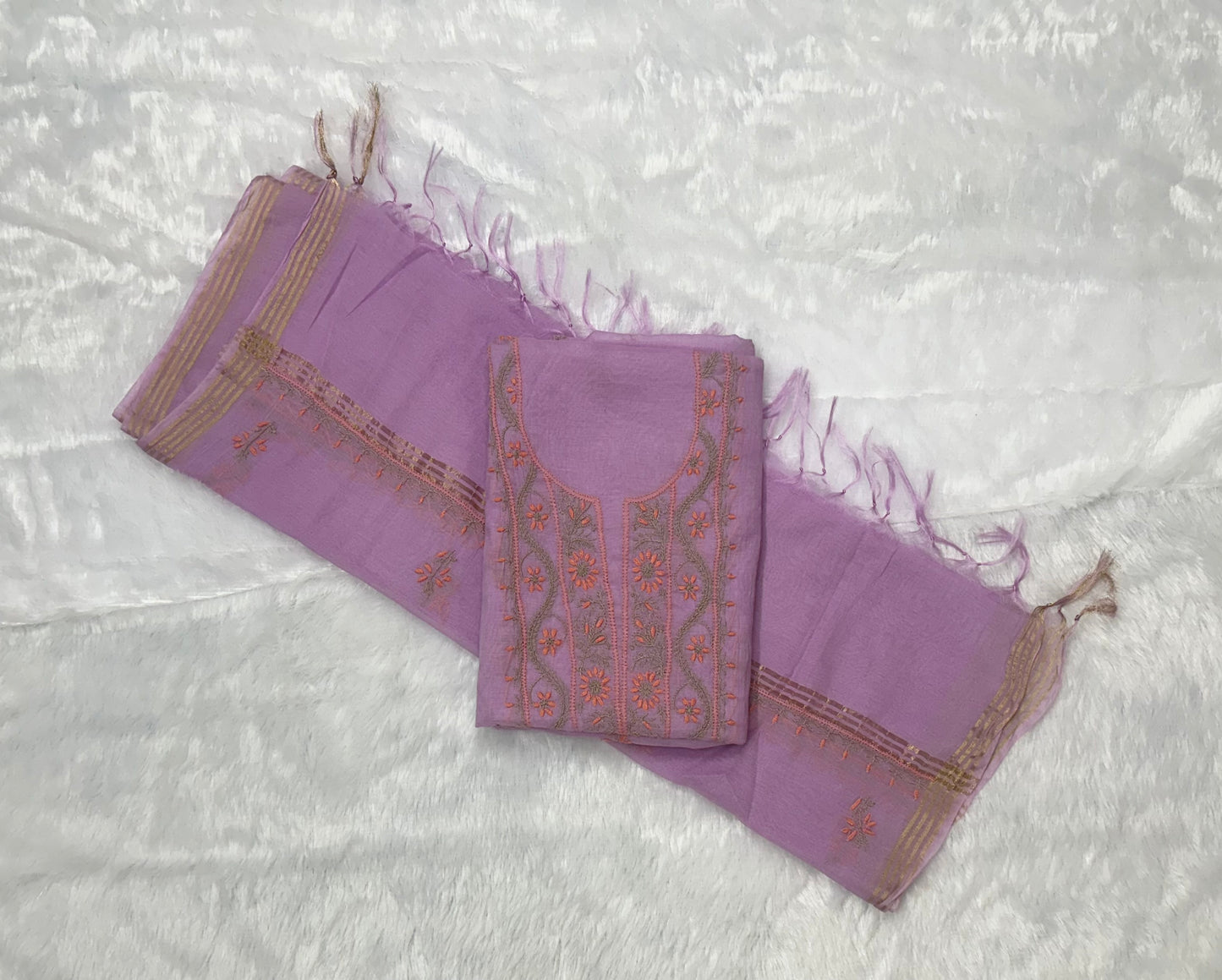 Pure Mul Chanderi Lucknow Chikankari Unstitched Suit for Women (Lavender) | Hand Embroidered Designer 3 Piece Dress Material with Dupatta & Bottom | Ethnic Wear Kurta Set - Lavender