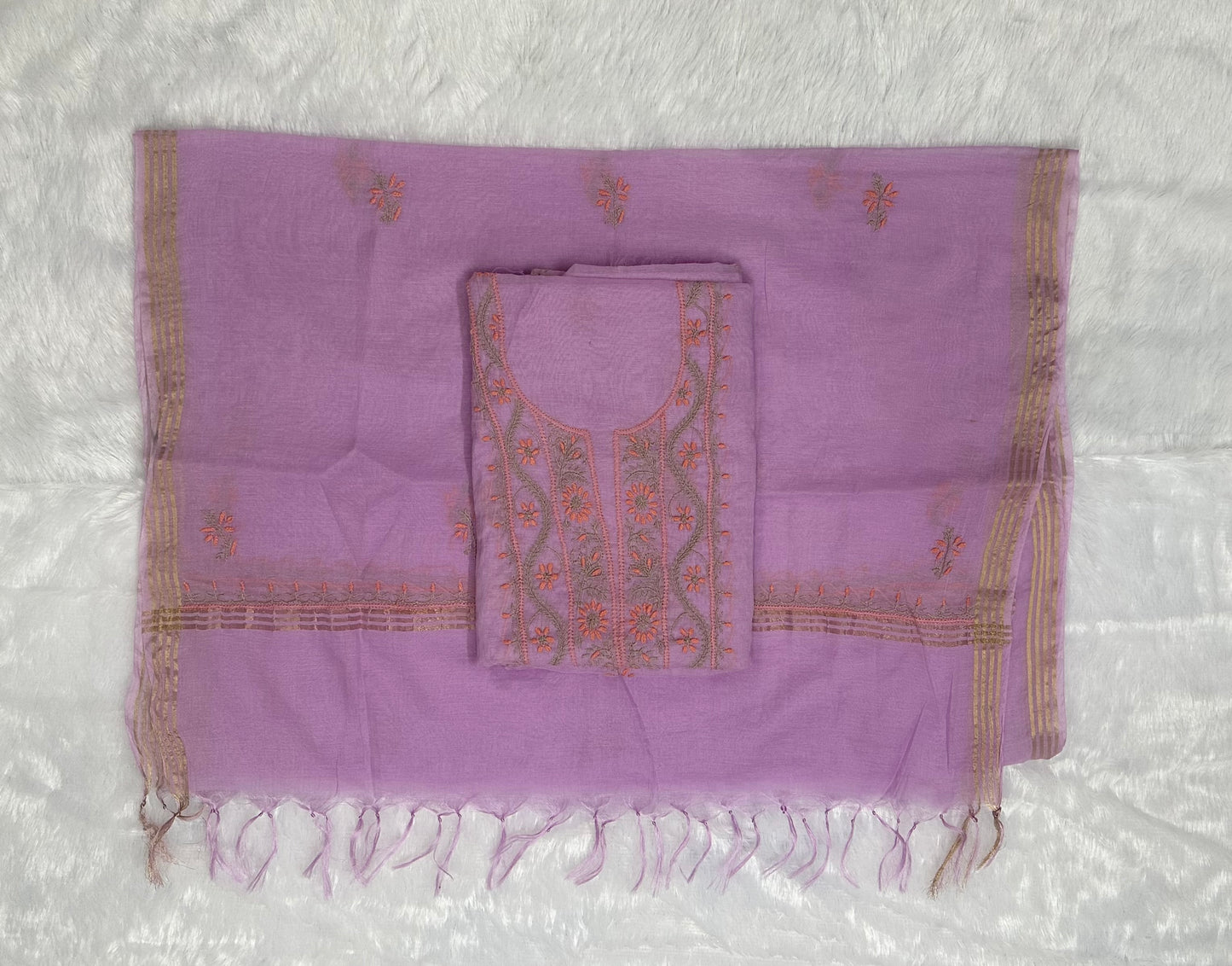Pure Mul Chanderi Lucknow Chikankari Unstitched Suit for Women (Lavender) | Hand Embroidered Designer 3 Piece Dress Material with Dupatta & Bottom | Ethnic Wear Kurta Set - Lavender