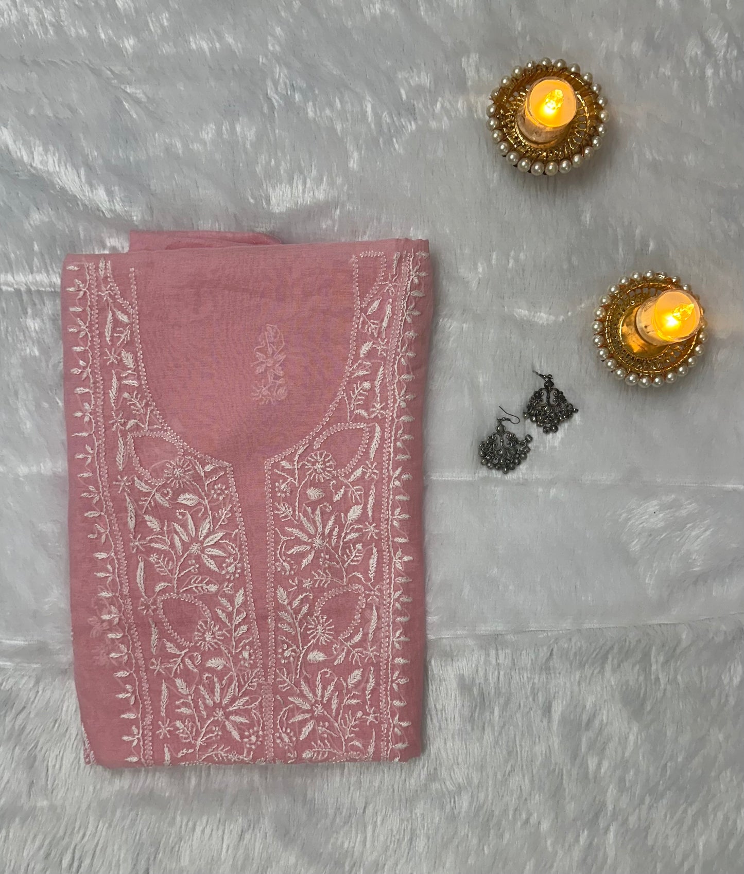 Pure Mul Chanderi Unstitched Pink Suit for Women | Designer 3 Piece Lucknow Chikankari Dress Material with Dupatta & Pajama | Hand Embroidery Ethnic Wear | Handmade Kurti Fabric - Pink
