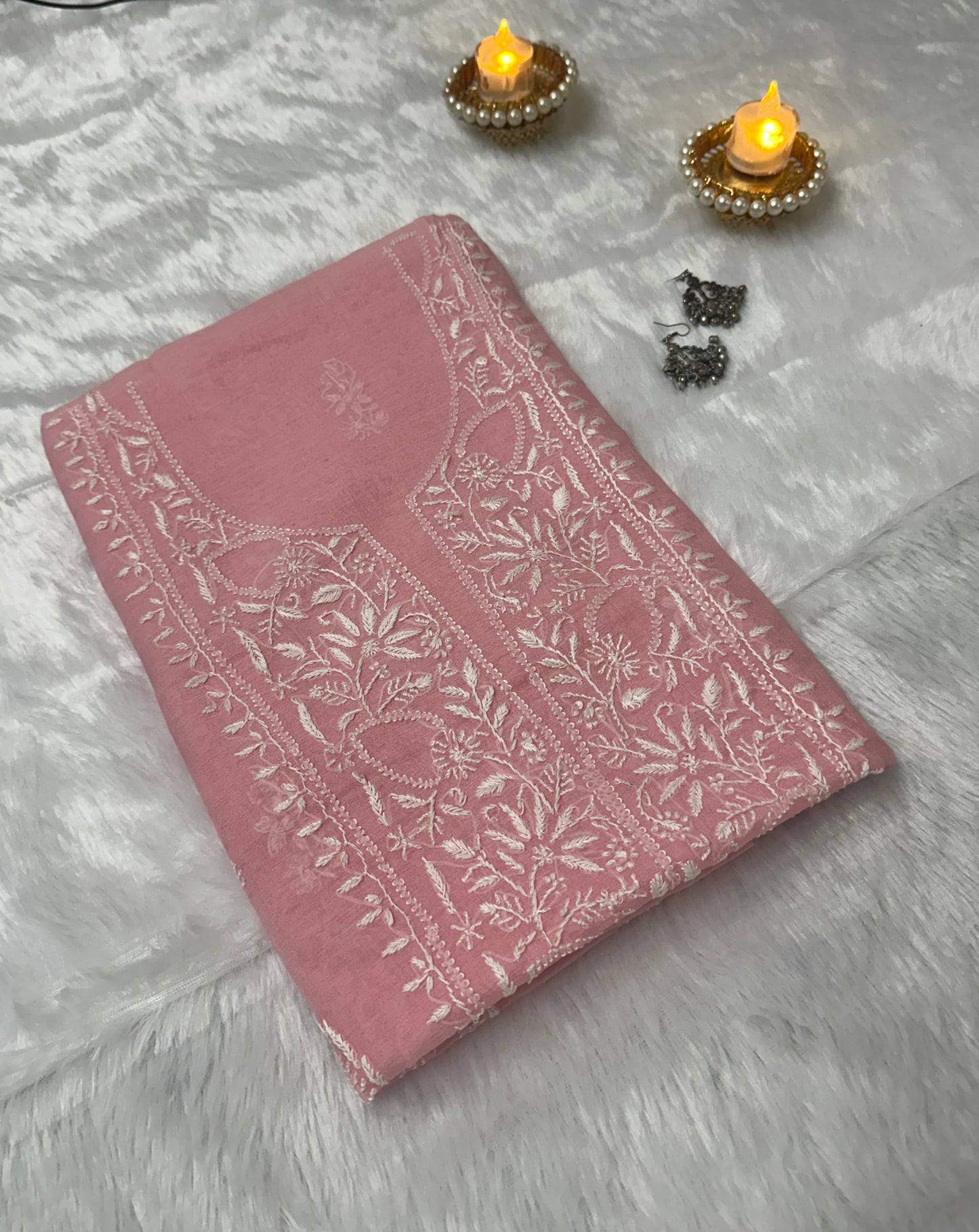 Pure Mul Chanderi Unstitched Pink Suit for Women | Designer 3 Piece Lucknow Chikankari Dress Material with Dupatta & Pajama | Hand Embroidery Ethnic Wear | Handmade Kurti Fabric - Pink