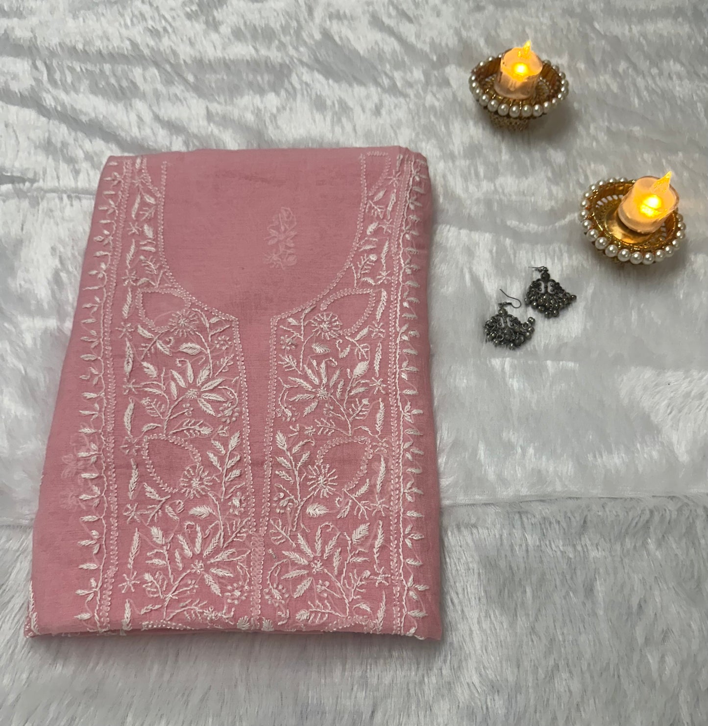 Pure Mul Chanderi Unstitched Pink Suit for Women | Designer 3 Piece Lucknow Chikankari Dress Material with Dupatta & Pajama | Hand Embroidery Ethnic Wear | Handmade Kurti Fabric - Pink
