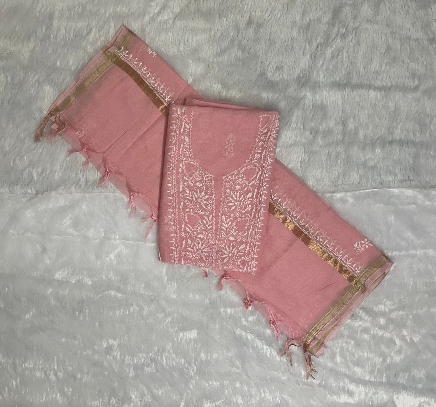 Pure Mul Chanderi Unstitched Pink Suit for Women | Designer 3 Piece Lucknow Chikankari Dress Material with Dupatta & Pajama | Hand Embroidery Ethnic Wear | Handmade Kurti Fabric - Pink