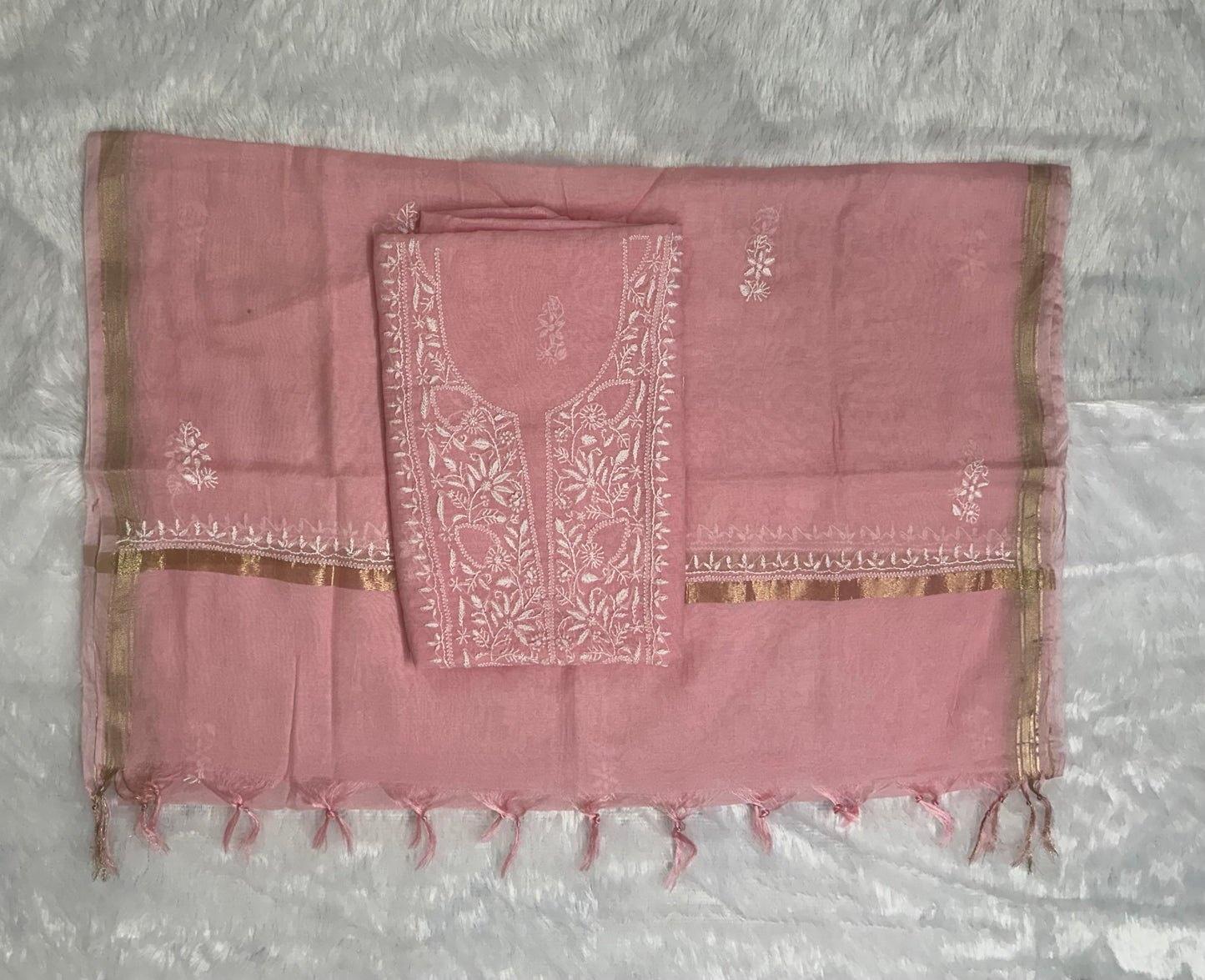 Pure Mul Chanderi Unstitched Pink Suit for Women | Designer 3 Piece Lucknow Chikankari Dress Material with Dupatta & Pajama | Hand Embroidery Ethnic Wear | Handmade Kurti Fabric - Pink
