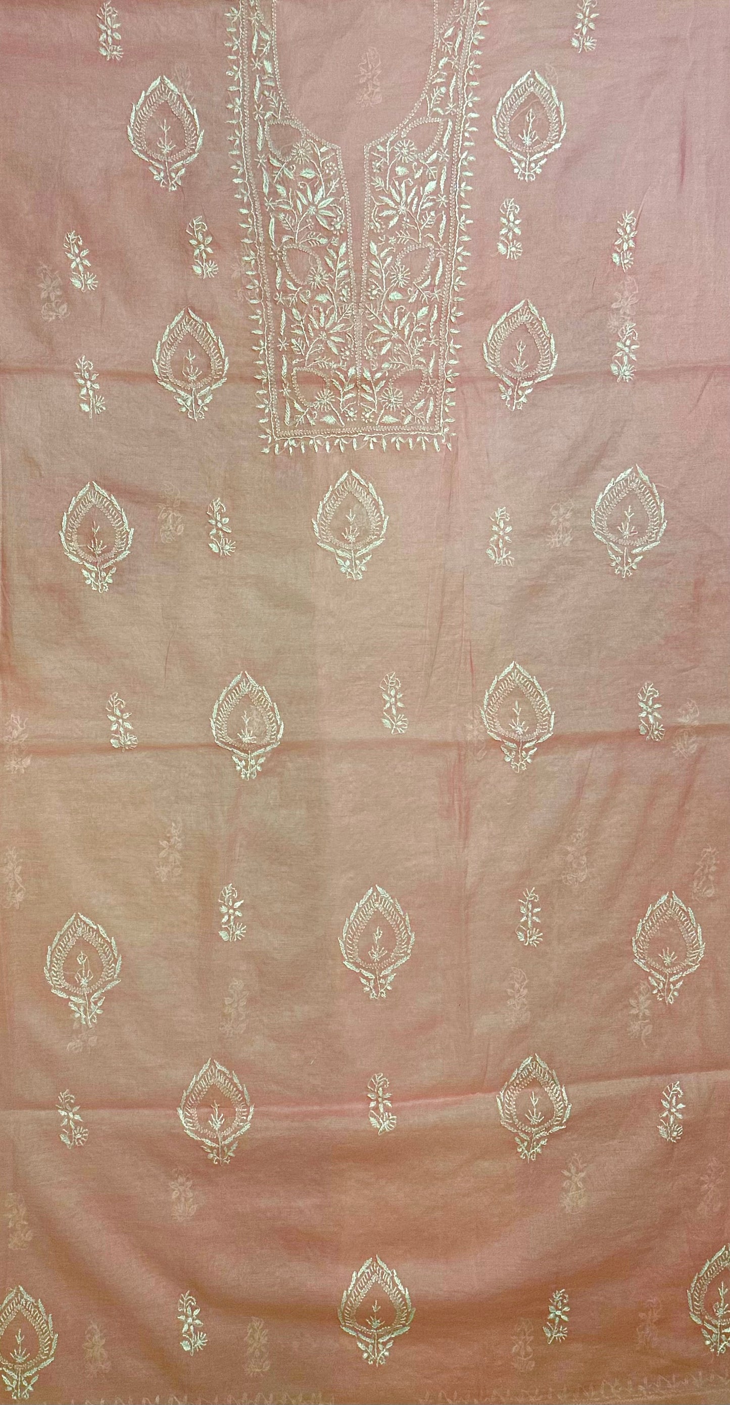 Pure Mul Chanderi Unstitched Pink Suit for Women | Designer 3 Piece Lucknow Chikankari Dress Material with Dupatta & Pajama | Hand Embroidery Ethnic Wear | Handmade Kurti Fabric - Pink