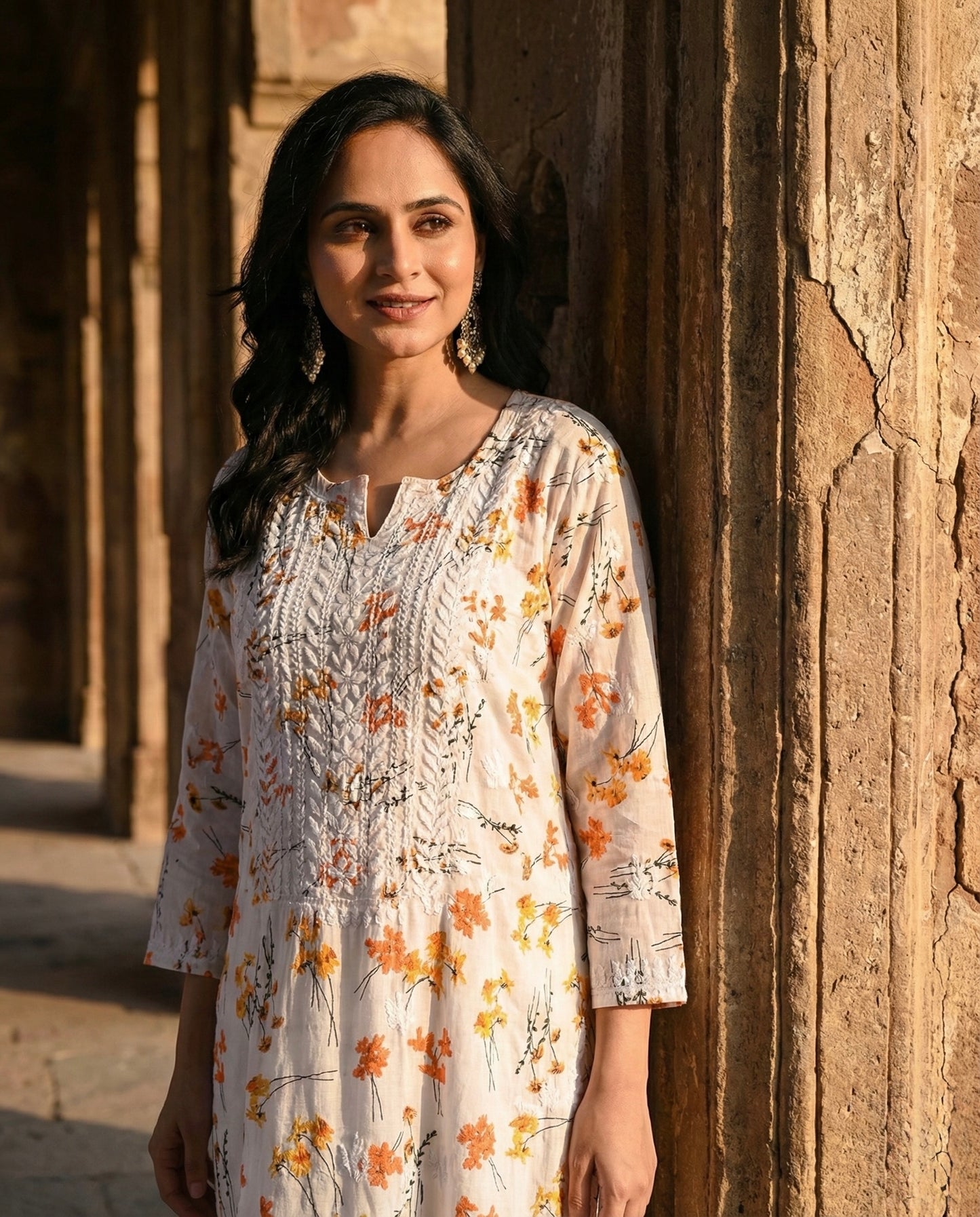 Mulmul Cotton Lucknowi Chikankari Orange Floral Printed Long Kurta for Women with Hand Embroidery – Ethnic Wear Kurti