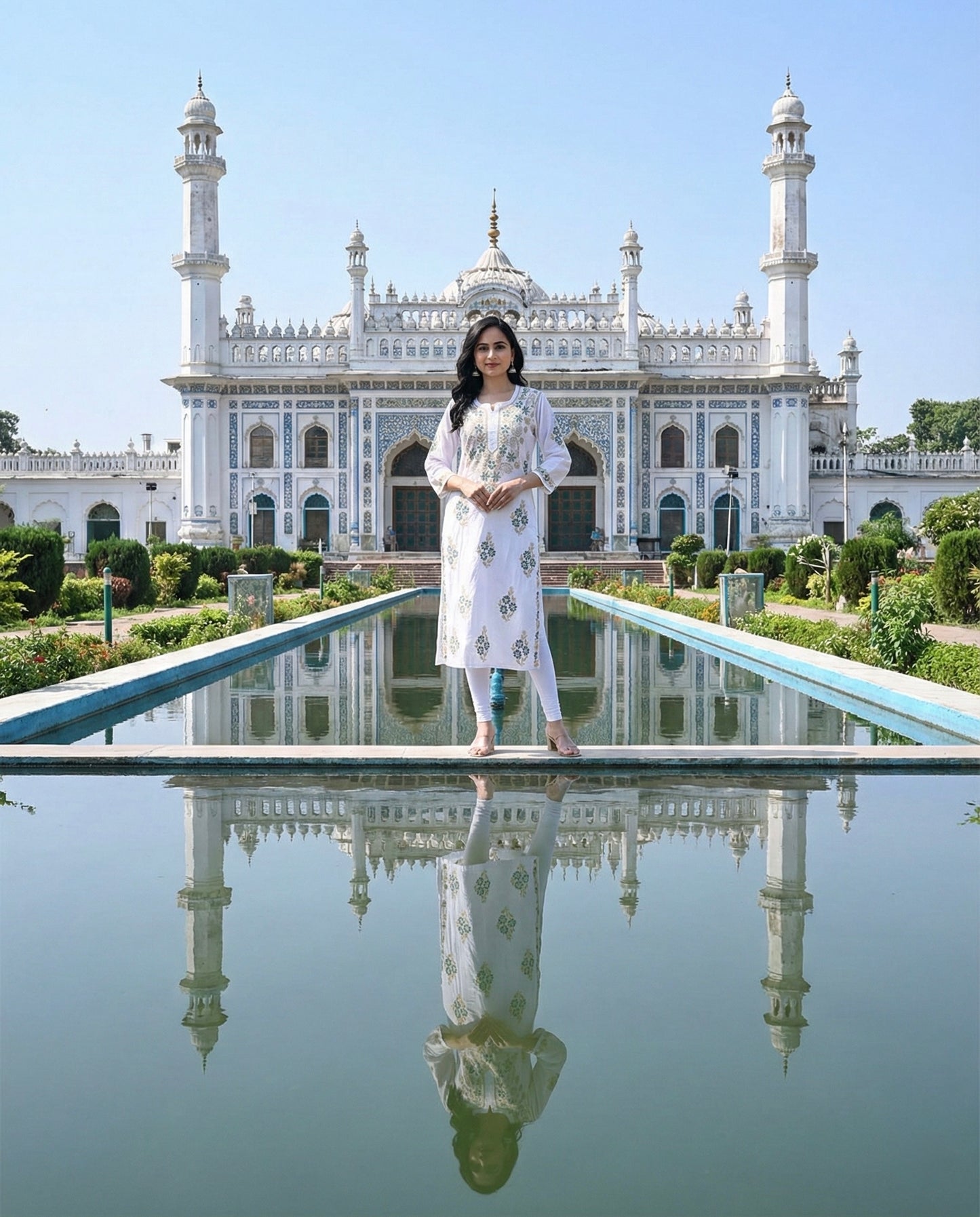 White Cotton Lucknowi Chikankari Long Kurta for Women with Green & Golden Thread Hand Embroidery – Ethnic Wear Kurti