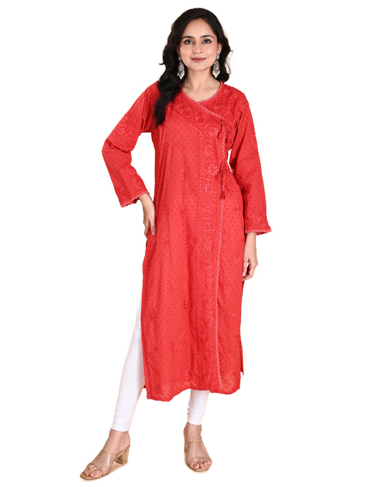 Red Cotton Lucknowi Chikankari Angarkha Kurta for Women with Hand Embroidery – Long Ethnic Daily Wear Kurti