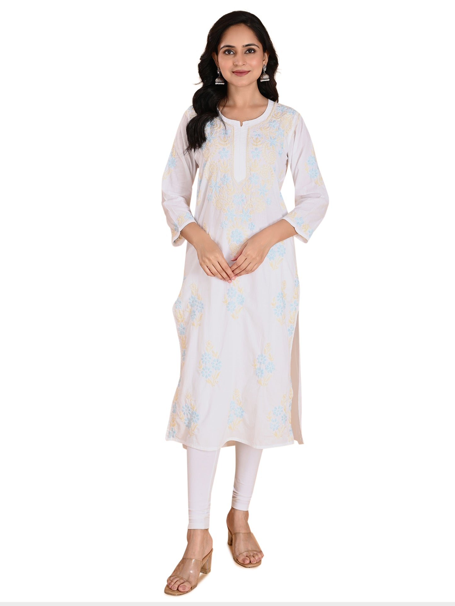 White Cotton Lucknowi Chikankari Long Kurta for Women with Blue & Golden Thread Hand Embroidery – Ethnic Wear Kurti