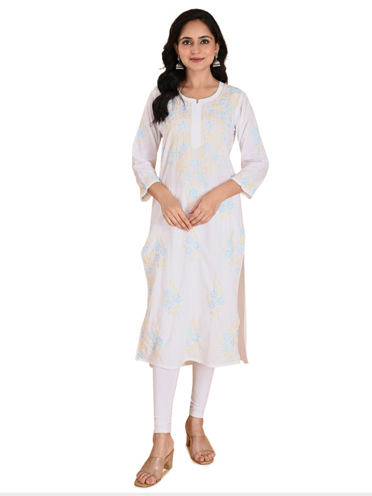 White Cotton Lucknowi Chikankari Long Kurta for Women with Blue & Golden Thread Hand Embroidery – Ethnic Wear Kurti
