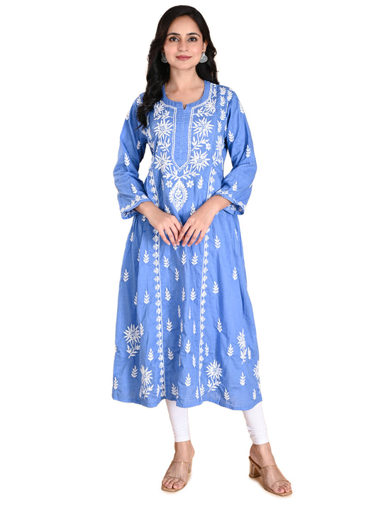 Blue Cotton Lucknowi Chikankari Long Gown Style Kurta for Women with White Hand Embroidery – Ethnic Wear Kurti