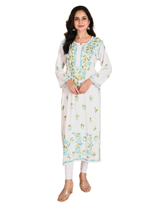 White Rayon Lucknowi Chikankari Long Kurta for Women with Blue & Green Floral Hand Embroidery – Ethnic Wear Kurti