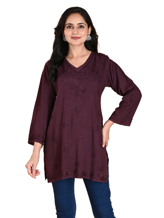 Wine Rayon Lucknowi Chikankari Short Kurti for Women with Hand Embroidery – Ethnic Daily Wear Tunic Top