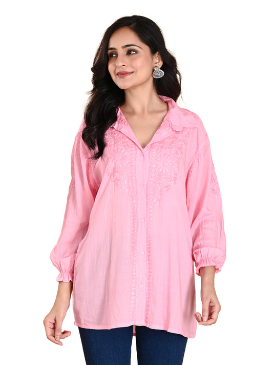 Pink Modal Lucknowi Chikankari Shirt Style Short Kurti for Women with Hand Embroidery – Casual Ethnic Wear Top