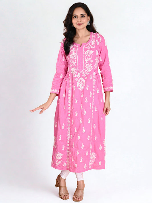 Pink Cotton Lucknowi Chikankari Long Gown Style Kurta for Women with White Hand Embroidery – Ethnic Wear Kurti