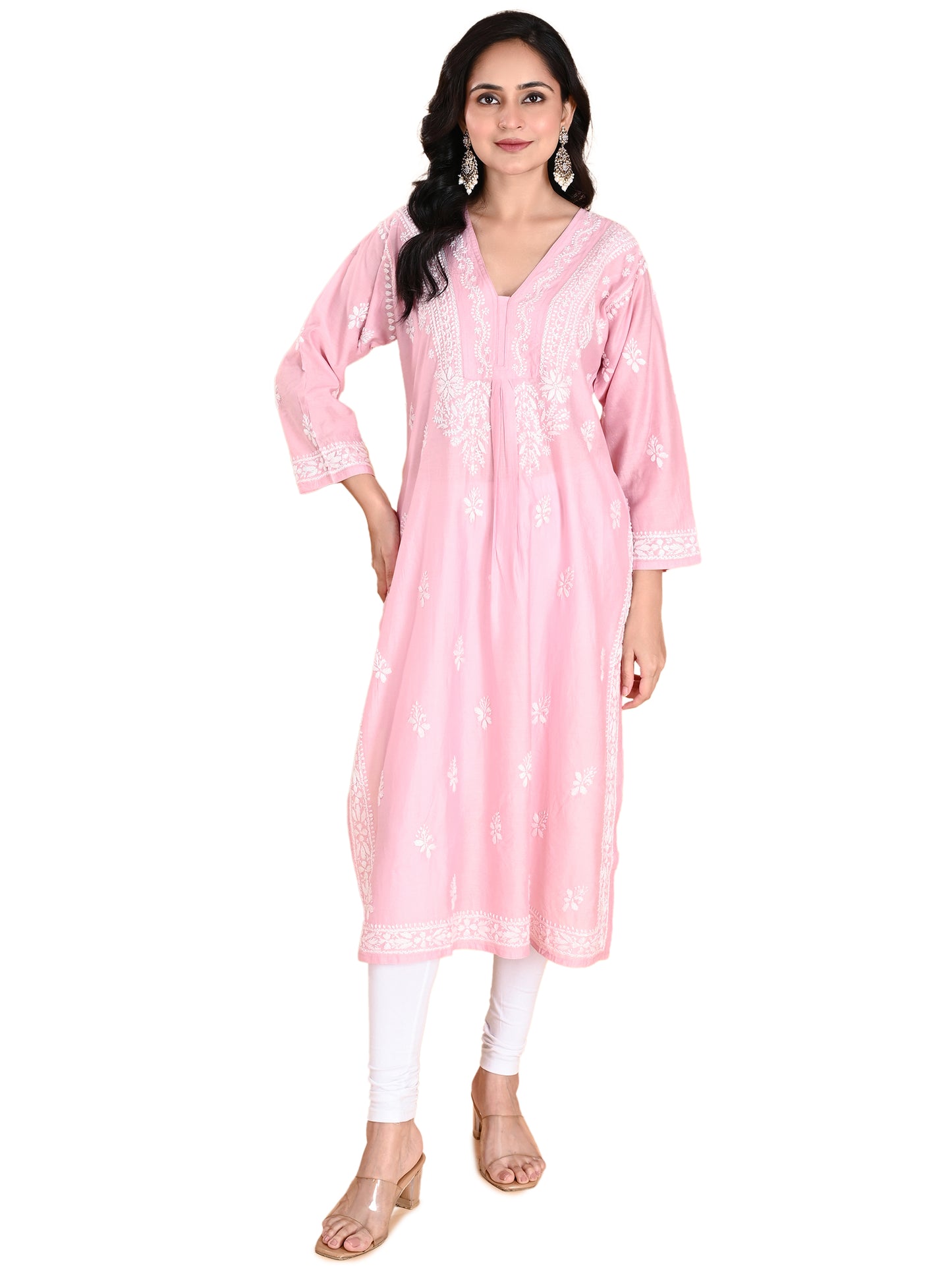 Pink Chanderi Lucknowi Chikankari Anarkali Kurta for Women with White Hand Embroidery – Handmade Ethnic Wear Kurti