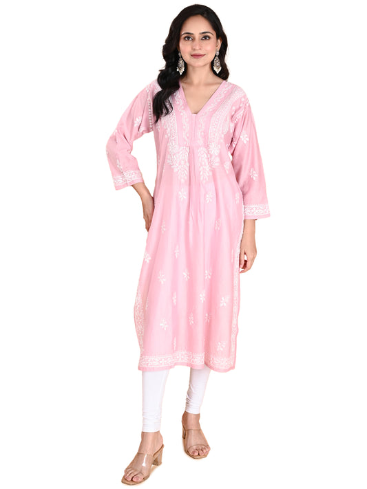 Pink Chanderi Lucknowi Chikankari Anarkali Kurta for Women with White Hand Embroidery – Handmade Ethnic Wear Kurti