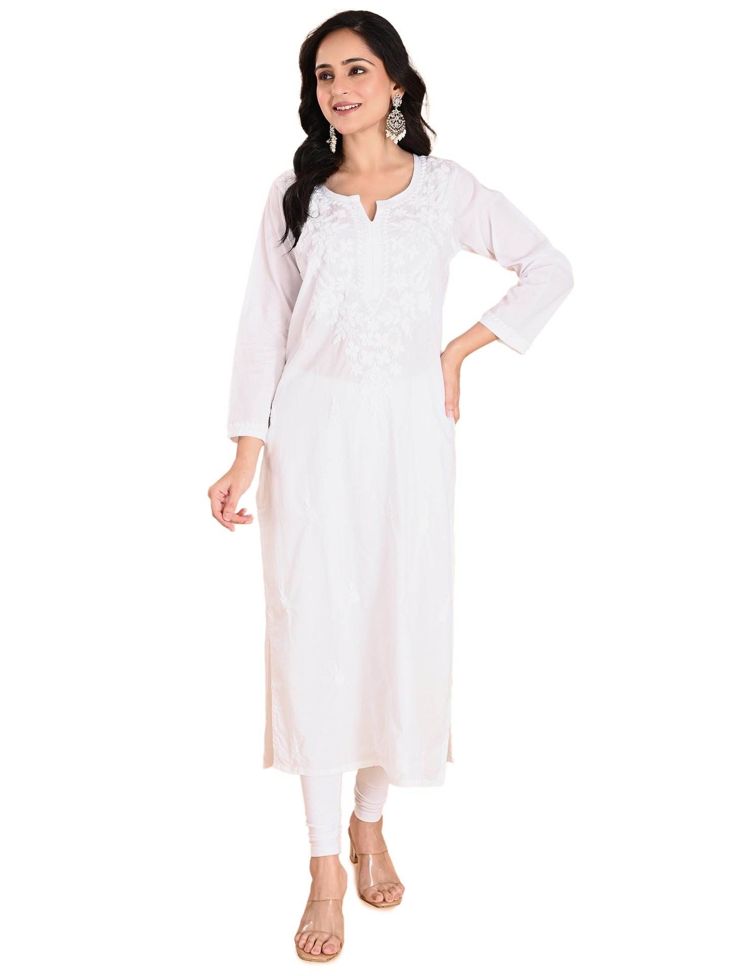 White Cotton Lucknowi Chikankari Long Kurta for Women with Hand Embroidery – Traditional Ethnic Wear Kurti