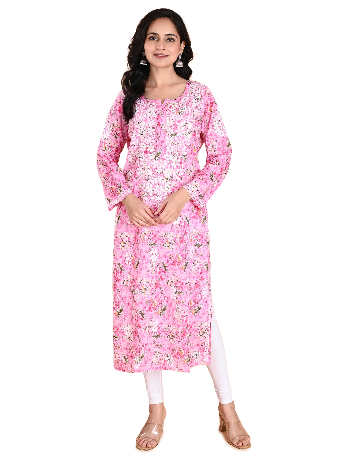 Pink Mul Cotton Lucknowi Chikankari Floral Printed Long Kurti for Women with Hand Embroidery – Elegant Ethnic Wear Kurta