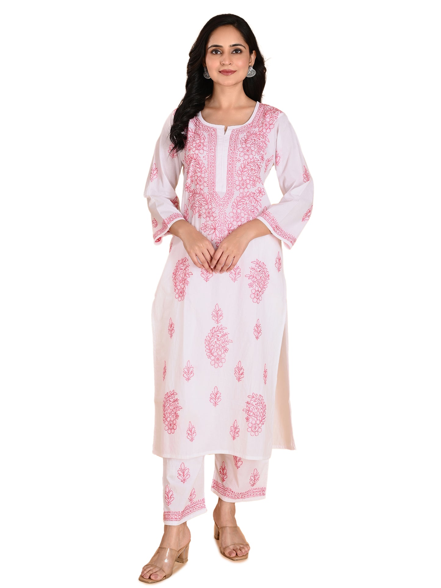 White Cotton Lucknowi Chikankari Kurta with Pajama Set for Women with Pink Thread Hand Embroidery – Ethnic Wear Suit Set