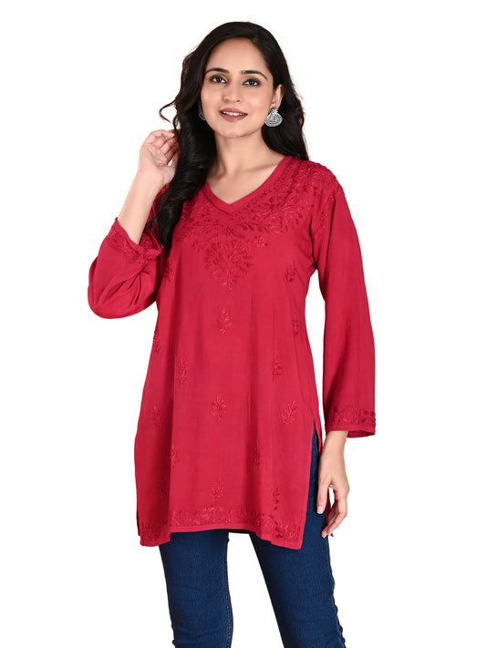 Magenta Rayon Lucknowi Chikankari Short Kurti for Women with Hand Embroidery – Ethnic Daily Wear Tunic Top