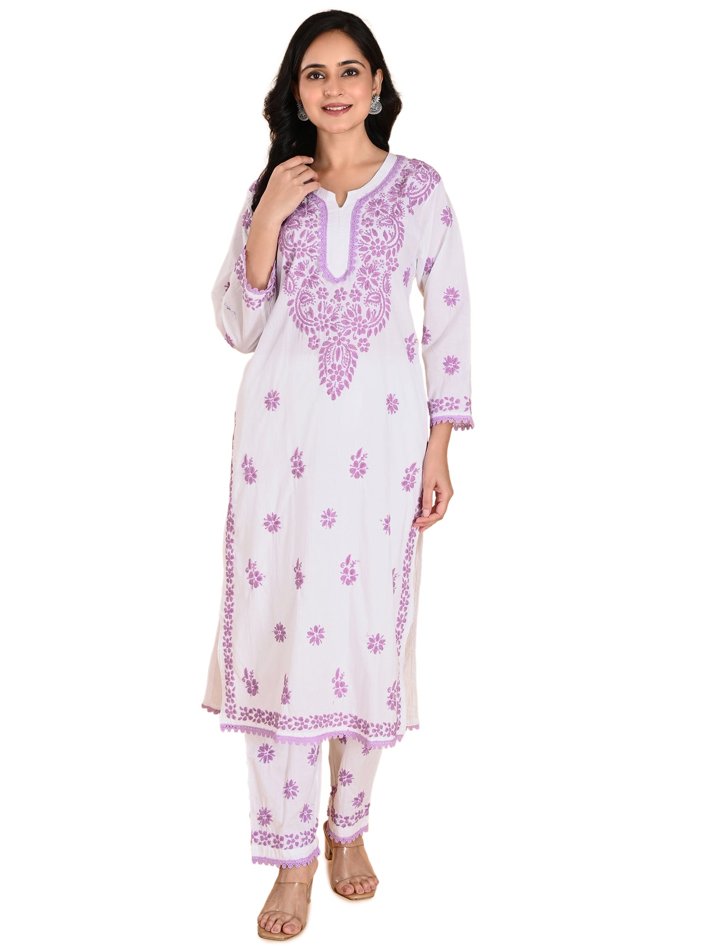White Cotton Lucknowi Chikankari Kurta with Pajama Set for Women with Purple Hand Embroidery – Ethnic Wear Suit Set
