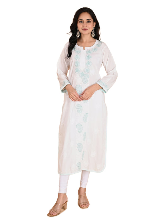 White Mulmul Cotton Lucknowi Chikankari Long Kurta for Women with Sea Green Hand Embroidery – Authentic Ethnic Wear Kurti