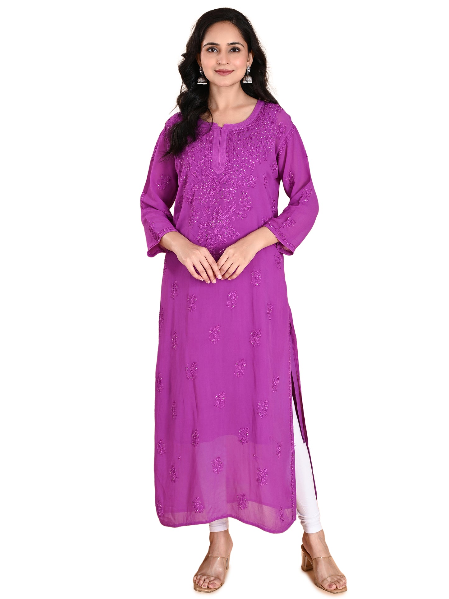 Purple Viscose Georgette Lucknowi Chikankari Long Kurta for Women with Inner, Hand Embroidery, Mukaish & Resham Thread Work – Ethnic Wear Kurti