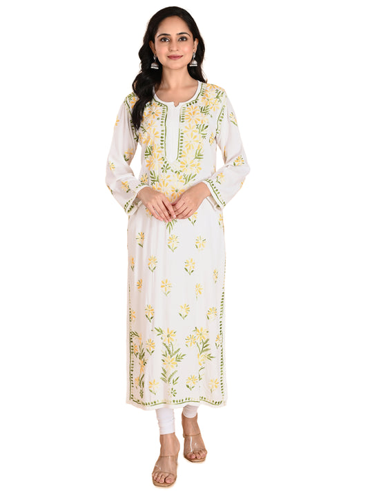 White Rayon Lucknowi Chikankari Long Kurta for Women with Yellow & Green Floral Hand Embroidery – Ethnic Wear Kurti