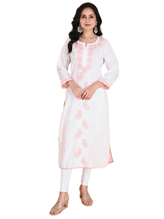 White Mulmul Cotton Lucknowi Chikankari Long Kurta for Women with Peach Hand Embroidery – Authentic Ethnic Wear Kurti