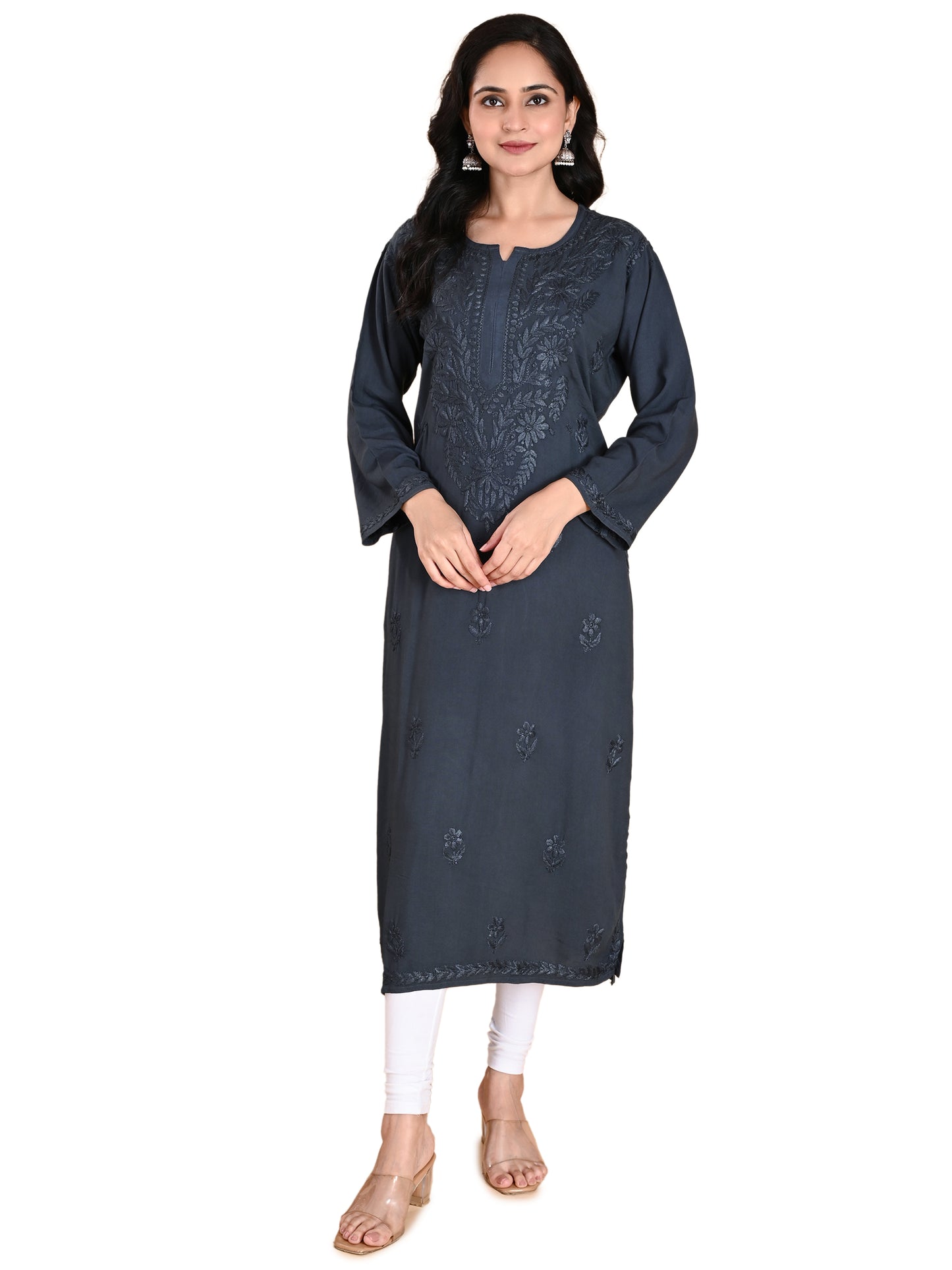 Green Rayon Lucknowi Chikankari Long Kurta for Women with Hand Embroidery – Elegant Traditional Ethnic Wear Kurti
