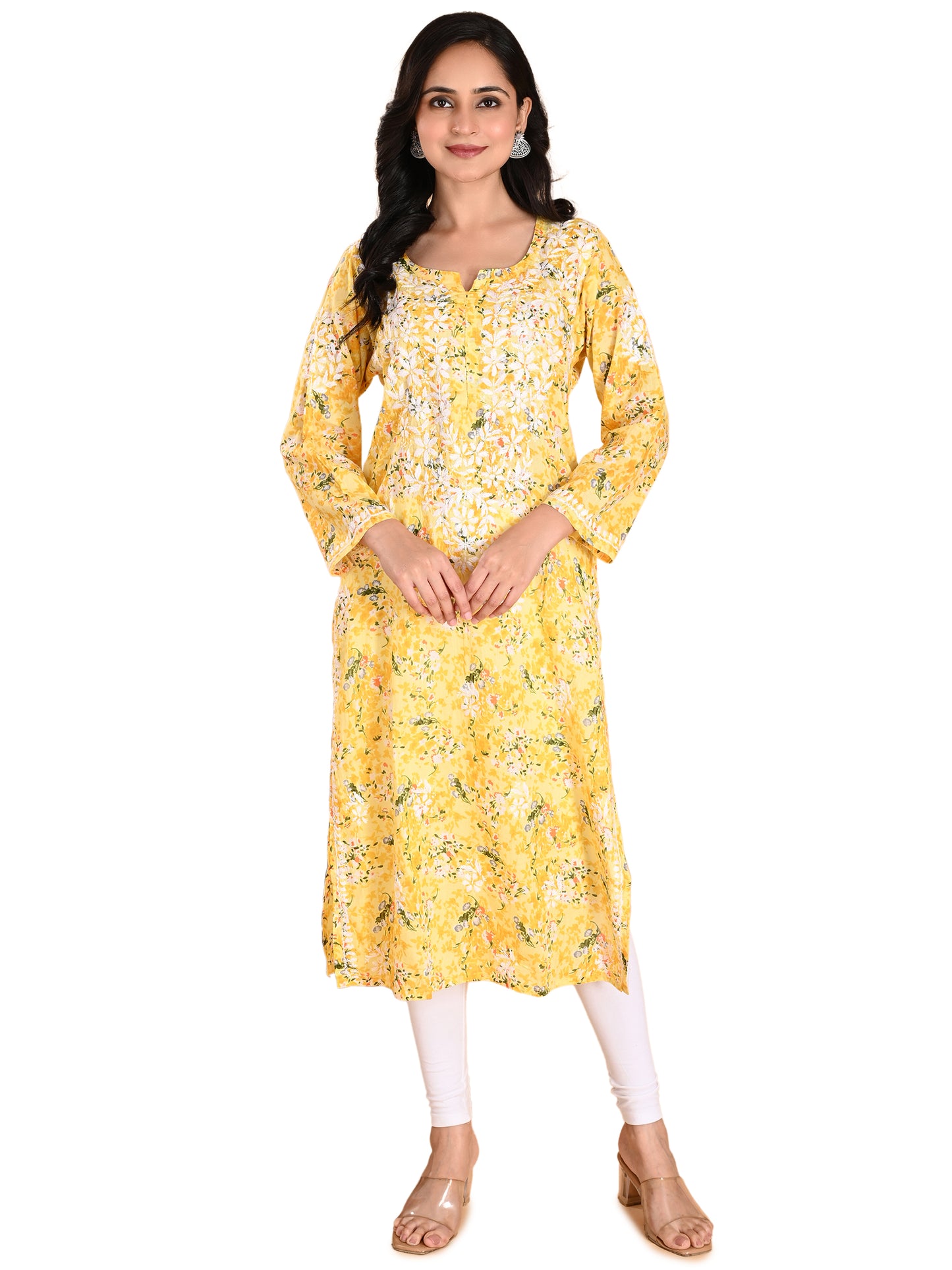 Yellow Mul Cotton Lucknowi Chikankari Floral Printed Long Kurti for Women with Hand Embroidery – Elegant Ethnic Wear Kurta