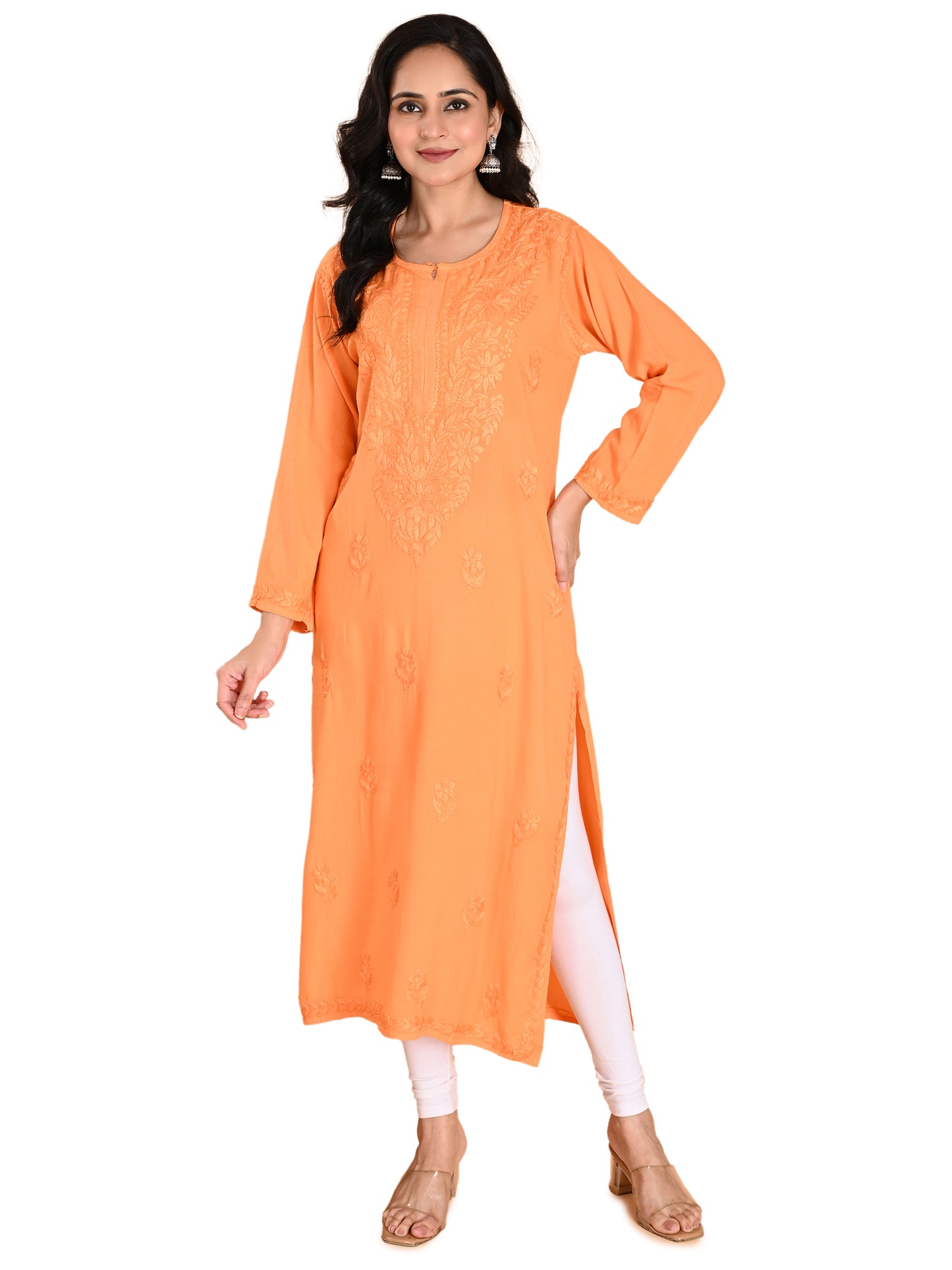 Orange Rayon Lucknowi Chikankari Long Kurta for Women with Hand Embroidery – Elegant Traditional Ethnic Wear Kurti
